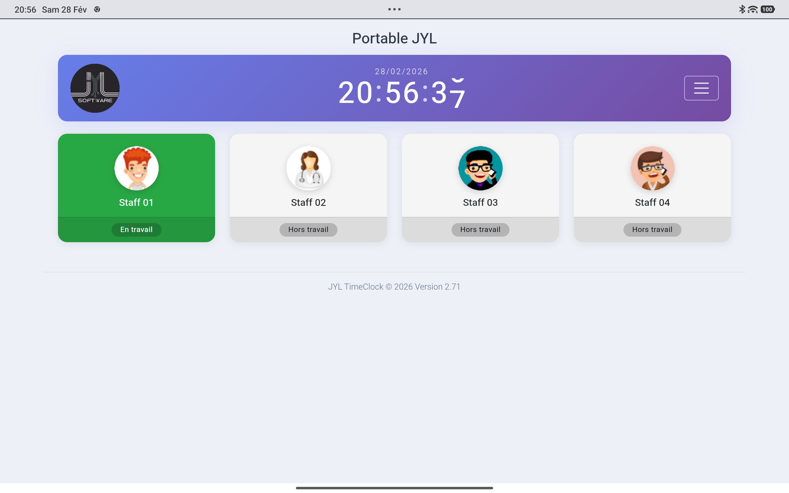 JYL TimeClock Connect — Vue pointage